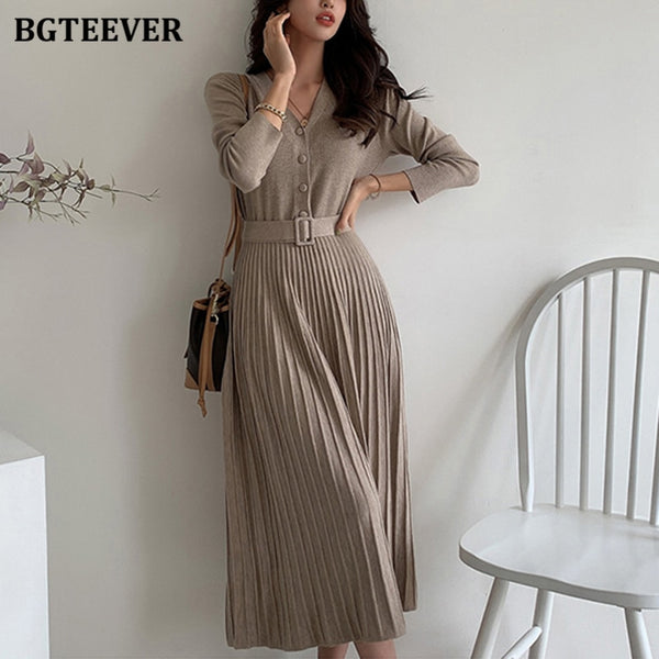 BGTEEVER Elegant V-neck Single-breasted Women Thicken Sweater Dress 2023 Autumn Winter Knitted Belted Female A-line soft dresses