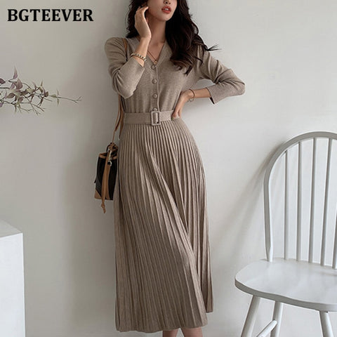 BGTEEVER Elegant V-neck Single-breasted Women Thicken Sweater Dress 2023 Autumn Winter Knitted Belted Female A-line soft dresses