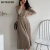 BGTEEVER Elegant V-neck Single-breasted Women Thicken Sweater Dress 2023 Autumn Winter Knitted Belted Female A-line soft dresses