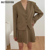 BGTEEVER Elegant Vintage Summer Skirt Suit Women V-neck Single-breasted Blazer & High Waist Pleated Mini Skirt Female Blazer Set