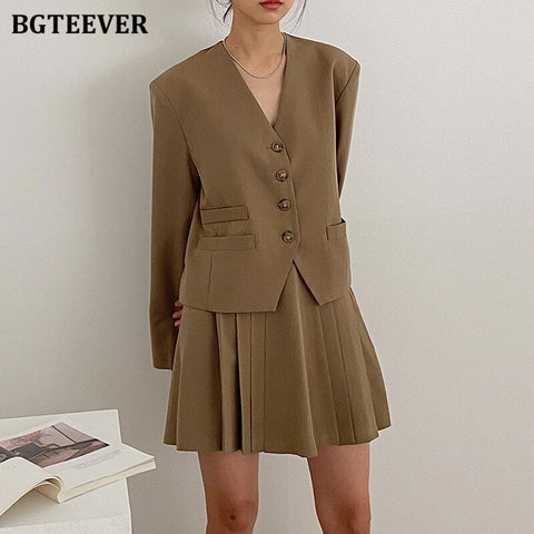 BGTEEVER Elegant Vintage Summer Skirt Suit Women V-neck Single-breasted Blazer & High Waist Pleated Mini Skirt Female Blazer Set