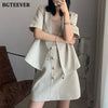 BGTEEVER Elegant Women Skirt Suits Double Breasted Notched Short Sleeve Blazer & A-line Skirts Female 2 Pieces Sets Blazer Set