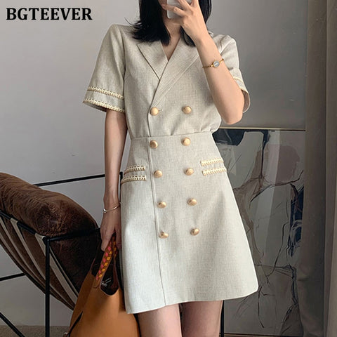 BGTEEVER Elegant Women Skirt Suits Double Breasted Notched Short Sleeve Blazer & A-line Skirts Female 2 Pieces Sets Blazer Set