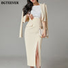 BGTEEVER Elegant Women Skirt Suits Short Blazer & White Tees & High Waist Split Pencil Skirt 2022 Summer Ladies 3 Pieces Set