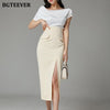 BGTEEVER Elegant Women Skirt Suits Short Blazer & White Tees & High Waist Split Pencil Skirt 2022 Summer Ladies 3 Pieces Set