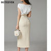 BGTEEVER Elegant Women Skirt Suits Short Blazer & White Tees & High Waist Split Pencil Skirt 2022 Summer Ladies 3 Pieces Set