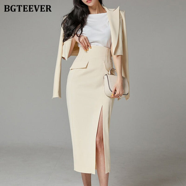 BGTEEVER Elegant Women Skirt Suits Short Blazer & White Tees & High Waist Split Pencil Skirt 2022 Summer Ladies 3 Pieces Set