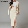 BGTEEVER Elegant Women Skirt Suits Short Blazer & White Tees & High Waist Split Pencil Skirt 2022 Summer Ladies 3 Pieces Set
