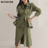 BGTEEVER Army Green 2 Pieces Set Women Sashes Zipper Jacket & Split Pencil Skirt Autumn Winter Female Skirt Suit 2022