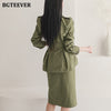 BGTEEVER Army Green 2 Pieces Set Women Sashes Zipper Jacket & Split Pencil Skirt Autumn Winter Female Skirt Suit 2022