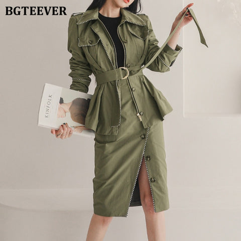 BGTEEVER Army Green 2 Pieces Set Women Sashes Zipper Jacket & Split Pencil Skirt Autumn Winter Female Skirt Suit 2022