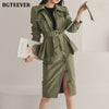 BGTEEVER Army Green 2 Pieces Set Women Sashes Zipper Jacket & Split Pencil Skirt Autumn Winter Female Skirt Suit 2022