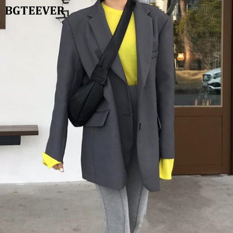 BGTEEVER Buttons Loose Blazer for Women Chic Long Sleeve Pockets Women Suit Jackets 2022 Autumn Winter Female Outwear