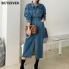 BGTEEVER Chic Lapel Women Denim Dress Full Sleeve Single-breasted Pockets Slim Waist Mid-length Female Jeans Dress 2022