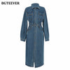 BGTEEVER Chic Lapel Women Denim Dress Full Sleeve Single-breasted Pockets Slim Waist Mid-length Female Jeans Dress 2022