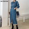 BGTEEVER Chic Lapel Women Denim Dress Full Sleeve Single-breasted Pockets Slim Waist Mid-length Female Jeans Dress 2022