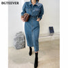 BGTEEVER Chic Lapel Women Denim Dress Full Sleeve Single-breasted Pockets Slim Waist Mid-length Female Jeans Dress 2022
