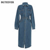 BGTEEVER Chic Lapel Women Denim Dress Full Sleeve Single-breasted Pockets Slim Waist Mid-length Female Jeans Dress 2022