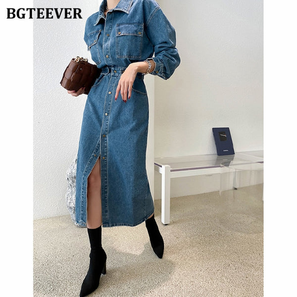 BGTEEVER Chic Lapel Women Denim Dress Full Sleeve Single-breasted Pockets Slim Waist Mid-length Female Jeans Dress 2022