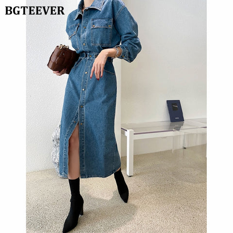 BGTEEVER Chic Lapel Women Denim Dress Full Sleeve Single-breasted Pockets Slim Waist Mid-length Female Jeans Dress 2022