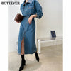 BGTEEVER Chic Lapel Women Denim Dress Full Sleeve Single-breasted Pockets Slim Waist Mid-length Female Jeans Dress 2022