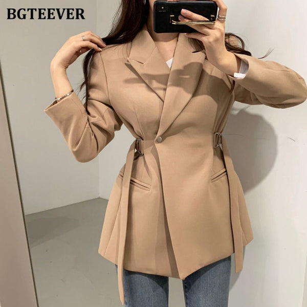BGTEEVER Chic Slim Waist Women Solid Blazer Elegant Office Wear Single Button Female Suit Jacket 2022 Spring