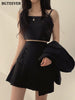 BGTEEVER Loose Women Skirt Suits Long Sleeve Single Button Blazer & Camisole & Pleated Mini Skirts Ladies 3 Pieces Set