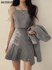 BGTEEVER Loose Women Skirt Suits Long Sleeve Single Button Blazer & Camisole & Pleated Mini Skirts Ladies 3 Pieces Set