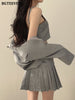 BGTEEVER Loose Women Skirt Suits Long Sleeve Single Button Blazer & Camisole & Pleated Mini Skirts Ladies 3 Pieces Set