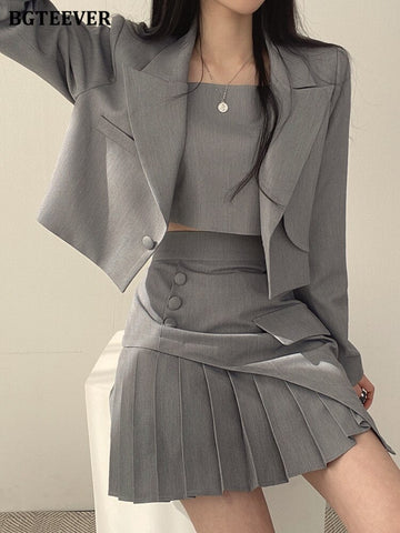BGTEEVER Loose Women Skirt Suits Long Sleeve Single Button Blazer & Camisole & Pleated Mini Skirts Ladies 3 Pieces Set