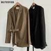 BGTEEVER Notched Collar Lace-up Women Blazer Vintage Loose Long Sleeve Autumn Winter Outwear Tops Female Jackets 2022