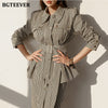 BGTEEVER Striped Female 2 Pieces Set Single-breasted Belted Jacket & Hip Package Skirt 2022 Autumn Women Skirt Suit