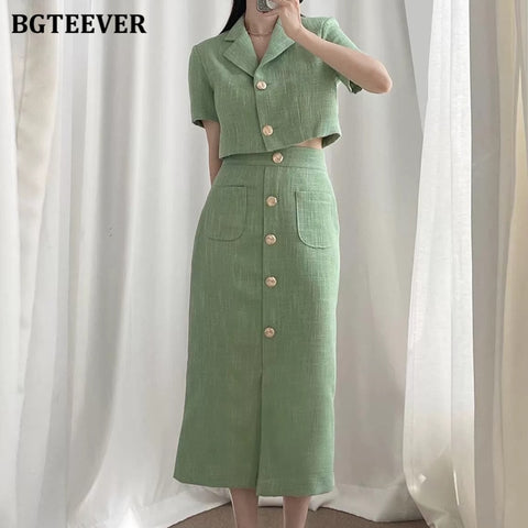 BGTEEVER Summer Autumn Women 2 Pieces Blazer Set Short Sleeve Suit Jacket & High Waist Buttons Pencil Long Skirts 2022