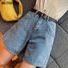 BGTEEVER Summer Half Women Denim Shorts High Waist Belted Loose Female Short Jeans 2022 Streetwear