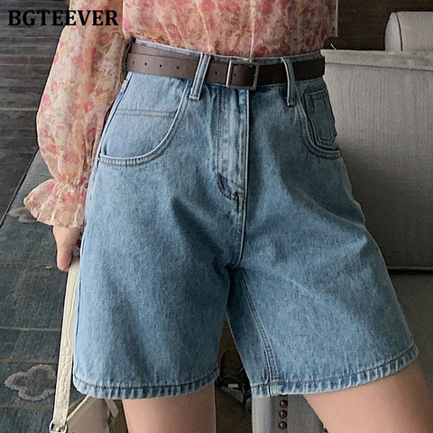 BGTEEVER Summer Half Women Denim Shorts High Waist Belted Loose Female Short Jeans 2022 Streetwear