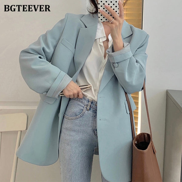 BGTEEVER Spring Autumn Loose  Women Jacket Blazer Casual Notched Collar Long Sleeve Female Jackets 2022 Ladies Suit Coats