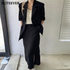BGTEEVER Office Ladies 2 Pieces Set Single Button Short Sleeve Suit Jacket & High Waist Split Women Straight Skirt Summer 2022