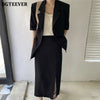 BGTEEVER Office Ladies 2 Pieces Set Single Button Short Sleeve Suit Jacket & High Waist Split Women Straight Skirt Summer 2022