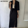 BGTEEVER Office Ladies 2 Pieces Set Single Button Short Sleeve Suit Jacket & High Waist Split Women Straight Skirt Summer 2022