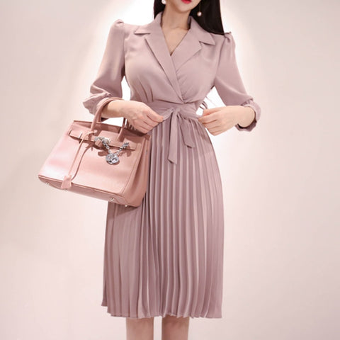 BGTEEVER Office Ladies Notched Collar Slim Waist Women Pleated Dress Elegant Solid Lace Up Female Mid-length Dress 2022 Spring