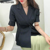 BGTEEVER Office Ladies Single Button Blazer Elegant Short Sleeve Slim Waist Female Suit Jacket Summer Casual Women Outwear Tops