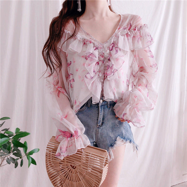 Sexy Ruffle Chiffon Blouse Shirt Floral Flare Sleeve Deep V neck Women Blouses 2022 Casual Transparent Elegant Tops