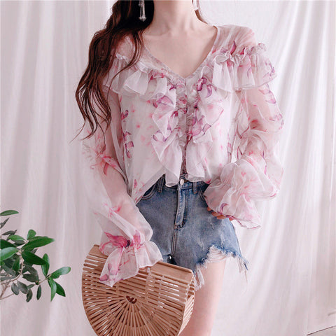 Sexy Ruffle Chiffon Blouse Shirt Floral Flare Sleeve Deep V neck Women Blouses 2022 Casual Transparent Elegant Tops