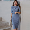 BGTEEVER Slash Neck Half Sleeve Solid OL Dress 2023 Spring Women Casual Sashes Mid-length Sheath Bodycon Dress Vestidos Femme