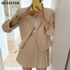 BGTEEVER Spring Women Skirt Suits 2023 Elegant Single Button Suit Jacket & High Waist Mini Pleated Skirts Ladies Blazer Set