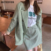 BGTEEVER Stylish Green Women Plaid Skirt Suits Double Breasted Loose Women Blazer & A-line Mini Skirt Spring 2 Pieces Blazer Set