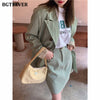 BGTEEVER Stylish Green Women Plaid Skirt Suits Double Breasted Loose Women Blazer & A-line Mini Skirt Spring 2 Pieces Blazer Set