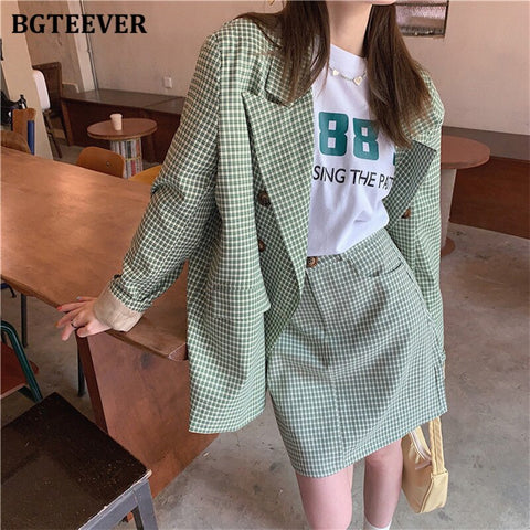 BGTEEVER Stylish Green Women Plaid Skirt Suits Double Breasted Loose Women Blazer & A-line Mini Skirt Spring 2 Pieces Blazer Set
