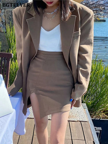 BGTEEVER Stylish Ladies 2 Pieces Set Long Sleeve Blazer Jacket & High Waist Split Mini Skirts 2023 Spring Women Skirt Suits