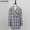 BGTEEVER Stylish Loose Double Breasted Women Plaid Blazer 2022 Autumn Vintage Notched Collar Female Suit Jacket Good Fabric